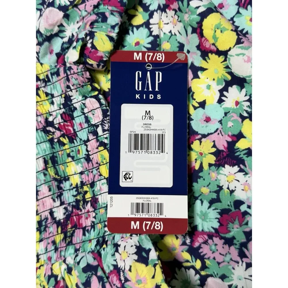 NWT Gap Knee Length Smocked Dress Girls M (7/8) Multicolor Floral Short-Sleeve